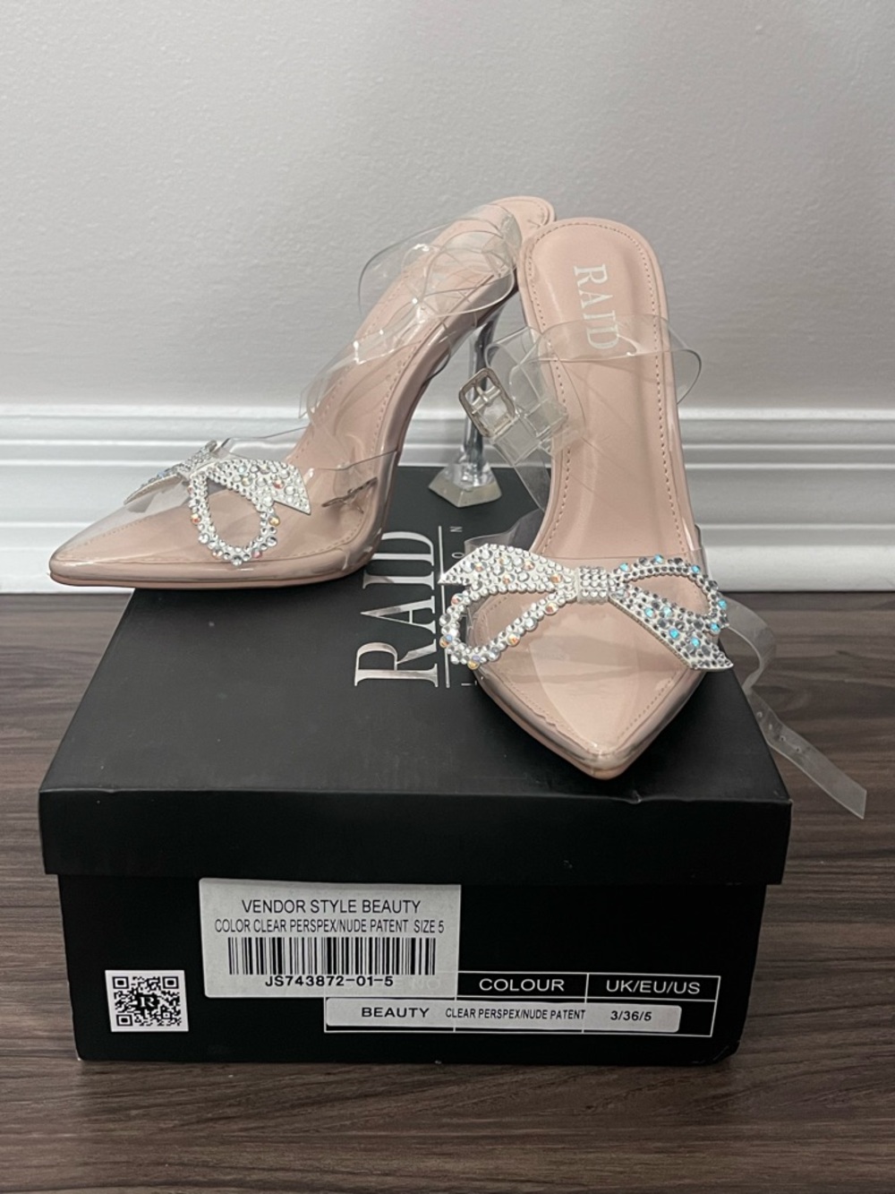 RAID Nude Patent Perspex Bow Mules with Crystal Detail